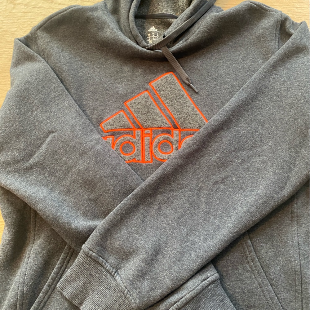 Adidas Men's Dark Gray Hoodie with bright orange  Logo , SIZE MEDIUM